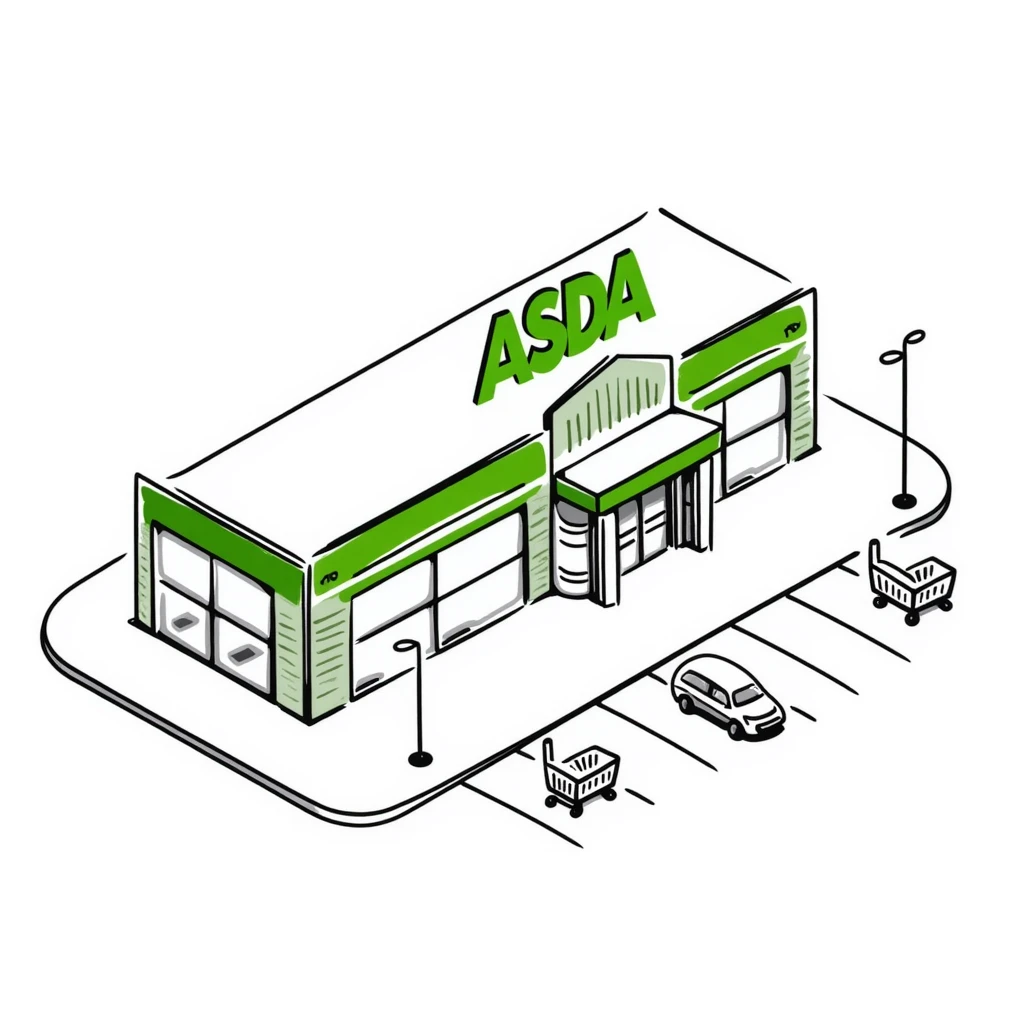 Isometric ASDA supermarket with distinctive green branding, shopping trolley collection points, customer entrance with automatic doors, and car park emoji