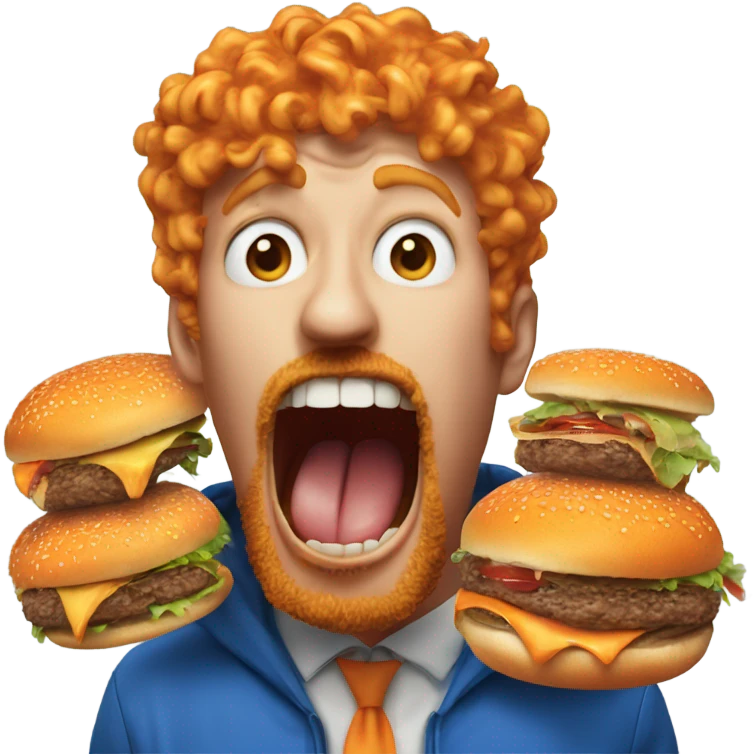Horrified burger getting eaten by a man with a orange beard orange curly hair and a blue hooding emoji