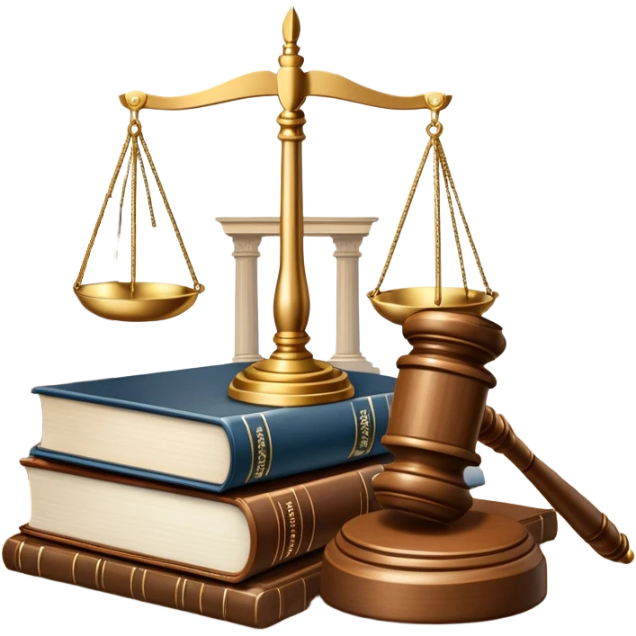 An icon featuring a gavel, scales of justice, and legal books, symbolizing law. The design includes a courthouse building in the background, representing the legal system and justice. Transparent background highlights the authority and structure of the law. emoji