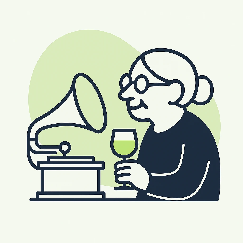old lady with wineglass listening to gramophone emoji