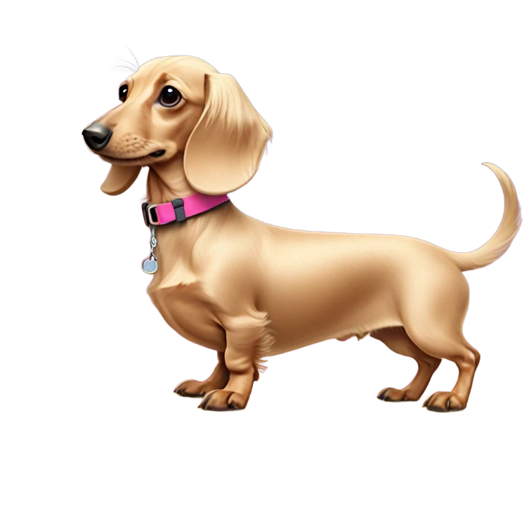 Long haired miniature dachshund cream colour with pink collar  on surfboard emoji