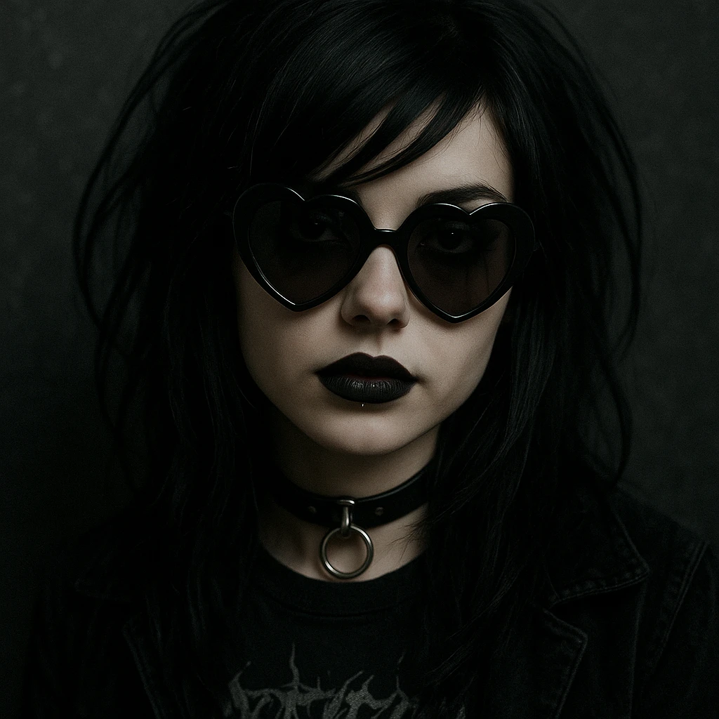 emo girl with heart-shaped sunglasses, dark hair, mysterious vibe emoji