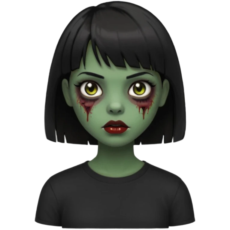 Zombie girl emoji verde escuro com cabelo curto liso preto no ombro e franja na altura da sobrancelha com uma blusa preta, olhos castanhos escuros emoji