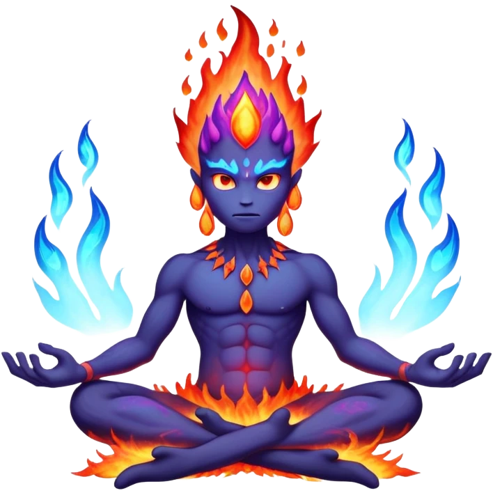 a mystical fast lava creature without arms with molten lava on its head and some rocky shoulders, fire crystals, blue flames, fire legs, no background, purple flames, mystical eyes, 8 arms, meditating creature emoji
