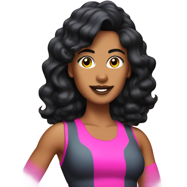 Tanned woman with black hair dressed in 1980s fitness hair, makeup, and neon attire  emoji