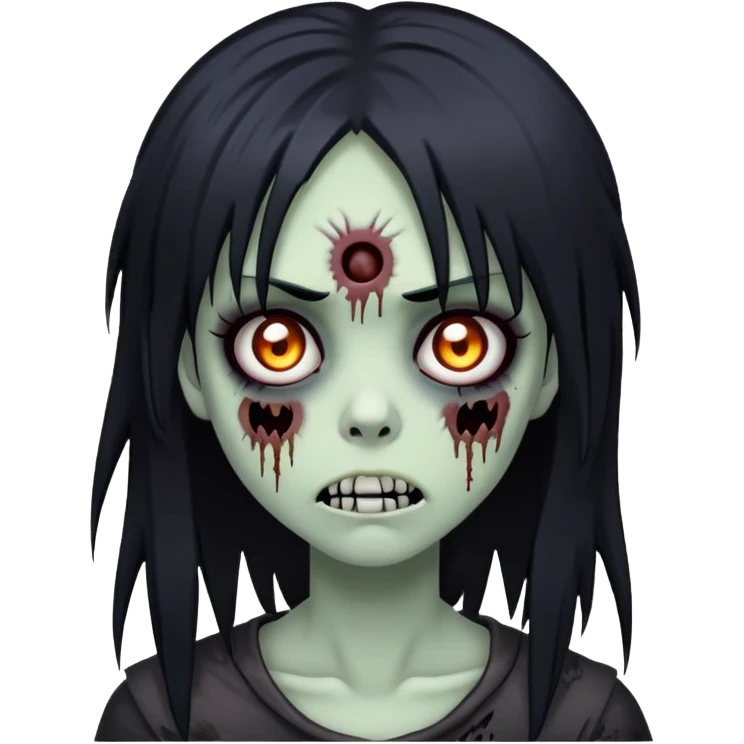 spooky zombie girl, black medium-long hair, emo and shaggy, creepy face emoji