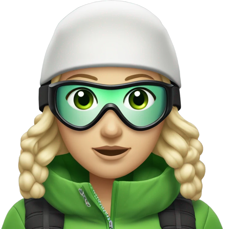 Green-eyed, fat female skier with medium-length straight blonde hair no curls, snow goggles on top of helmet, white ski helmet, gray snow jacket, green ski gloves, long black pants rolled up at the bottom, black only snow boots standing tall. emoji