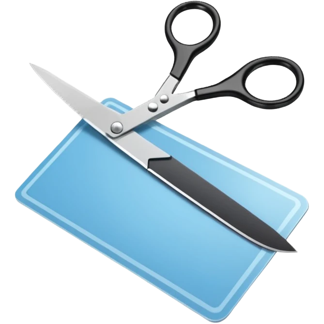 Floating black Scissors cutting a light blue military ID card in 2 parts .hyper realistic emoji