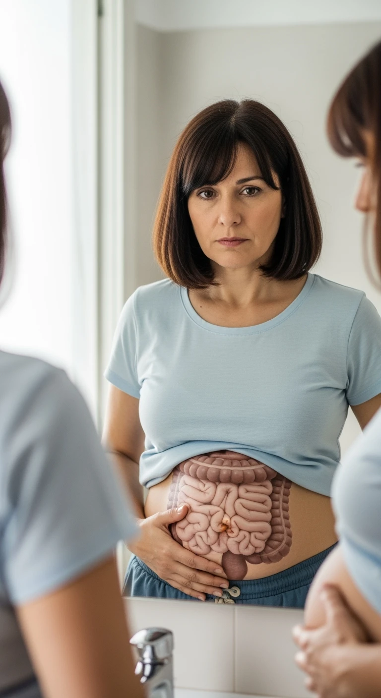 donna che si guarda allo specchio tenendosi la mano sulla pancia gonfia con espressione triste in volto, intestino umano anatomico in evidenza emoji