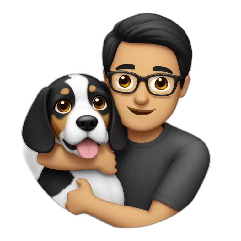 A man with black-hair and glasses hugging a beagle emoji