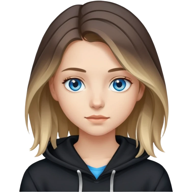 girl with blue eyes, shoulder-length hair with balayage highlights, wearing a black hoodie emoji