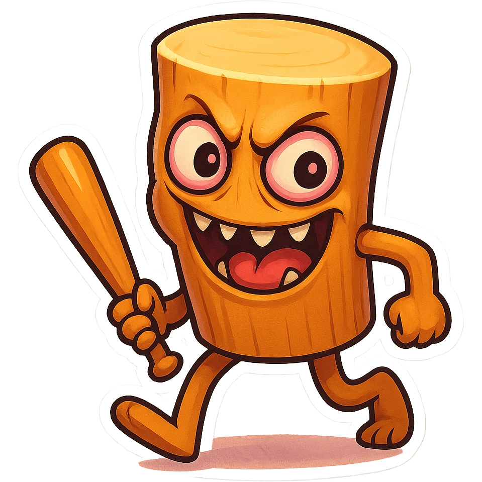  image of absurd wooden stick-man creature, drum-like cylindrical body, holding baseball bat, cartoon style, bright vivid colors, expressive face, dynamic pose, a bit creepy yet funny,  emoji