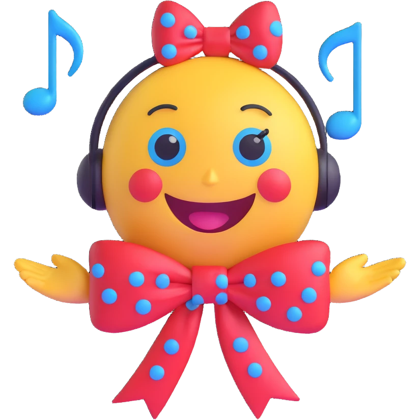 3D smiley emoji, large eyelashes, red polka dot bow, proud, head held high, blue eyes, musical notes emoji