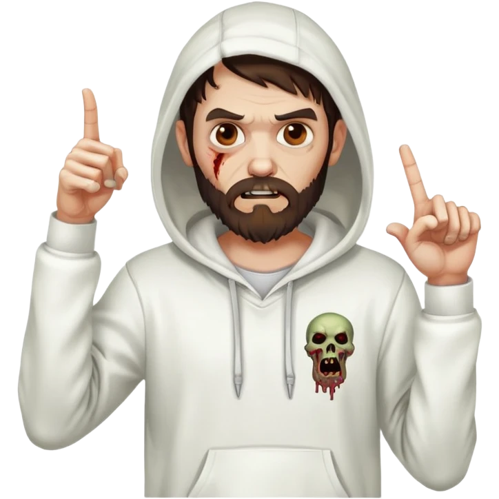 zombie pointing finger wearing white hoodie, with dark brown hair and short full beard emoji
