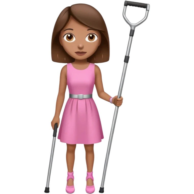 A woman with crutches , a pink dress brown hair and brown eyes emoji