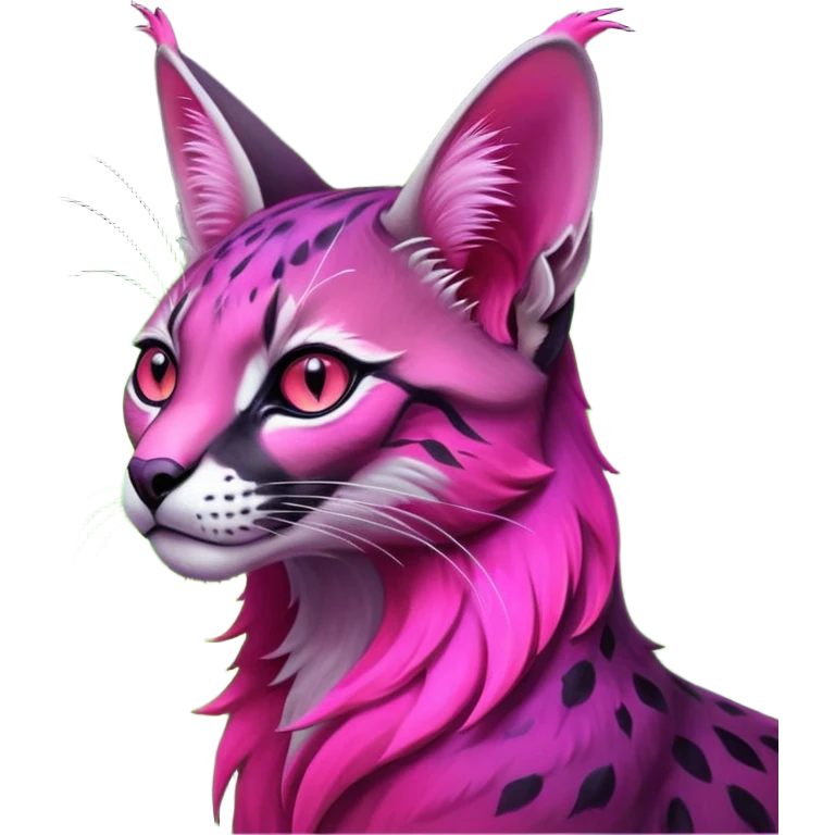 Colorful dark neon-lime-green with neon-magenta, pastel-rose-pink iridescent nebulae gloomy edgy spooky evil tropical ruby exotic cute cool beautiful shiny beautiful fantasy-caracal-civet-genet-sergal-vernid-serval-Gryphon-Cacomistle-Trico-oncilla-animal-Fakémon-hybrid-fursona (full body) emoji