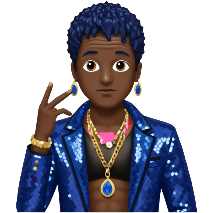 Flavor Flav with dark brown hair, indigo sequin jacket, shirtless with necklace emoji