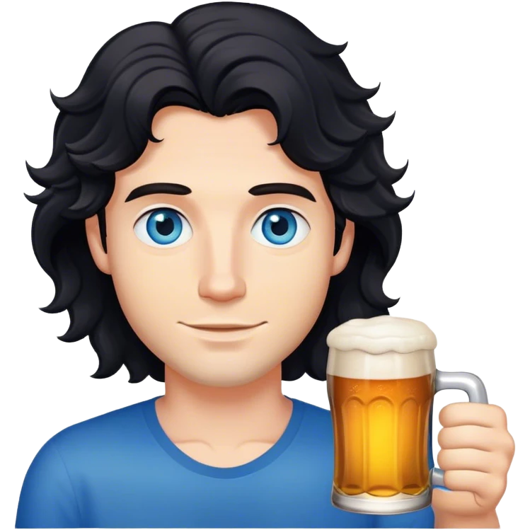 white guy blue eyes wavy black hair holding beer emoji