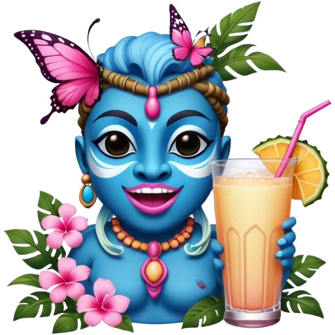 Pixar style little Blue and pink tiki singing with a butterfly and tropical drink, ultra detailed and lifelike imagery, realistic emoji