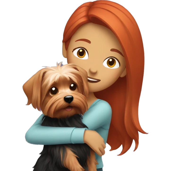Woman with red hair hugging a Yorkshire terrier emoji
