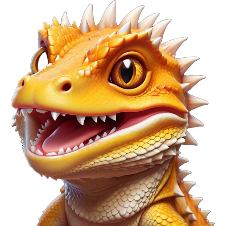 Cinematic Comical Bearded Dragon Portrait Emoji, Head tilted dramatically with an exaggeratedly amused expression, featuring a striking, glossy scaled hide with a quirky, spiky beard and wide, expressive eyes full of playful disbelief, Simplified yet hilariously expressive features, highly detailed, glowing with a slightly sassy glow, high shine, dramatic yet playful, stylized with an air of cheeky mischief, bright and endearing, soft glowing outline, capturing the essence of a spirited and over‐the‐top dragon, so meme‐worthy it feels like it could snap its jaws into internet fame instantly! emoji
