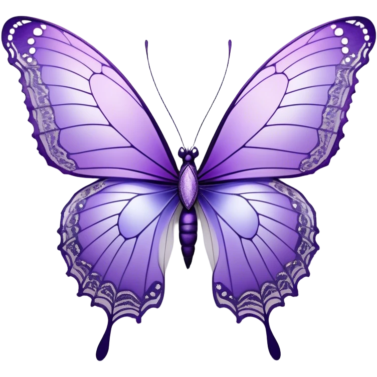  A beautiful, aesthetically pleasing butterfly with lilac and ice-purple wings, with an intricate lace-like pattern around the edges and subtle iridescent accents that shimmer in the light. The wings should have a gradient effect, going from a delicate lilac at the base to a deep ice-purple at the tips. The body of the butterfly should be slender and elegant, with delicate silver details to enhance its ethereal appearance. emoji
