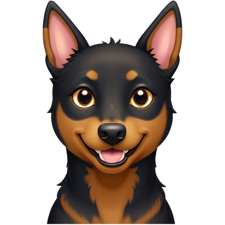 Cinematic Comical Black and Tan Kelpie Portrait Emoji, Head tilted dramatically with an exaggeratedly amused expression, featuring a striking black Fur with bold tan patches, wide, expressive dark eyes filled with playful disbelief, Simplified yet hilariously expressive features, highly detailed, glowing with a slightly sassy glow, high shine, dramatic yet playful, stylized with an air of cheeky mischief, bright and endearing, soft glowing outline, capturing the essence of a spirited and over-the-top herder, so meme-worthy it feels like it could side-eye its way into internet fame instantly! emoji