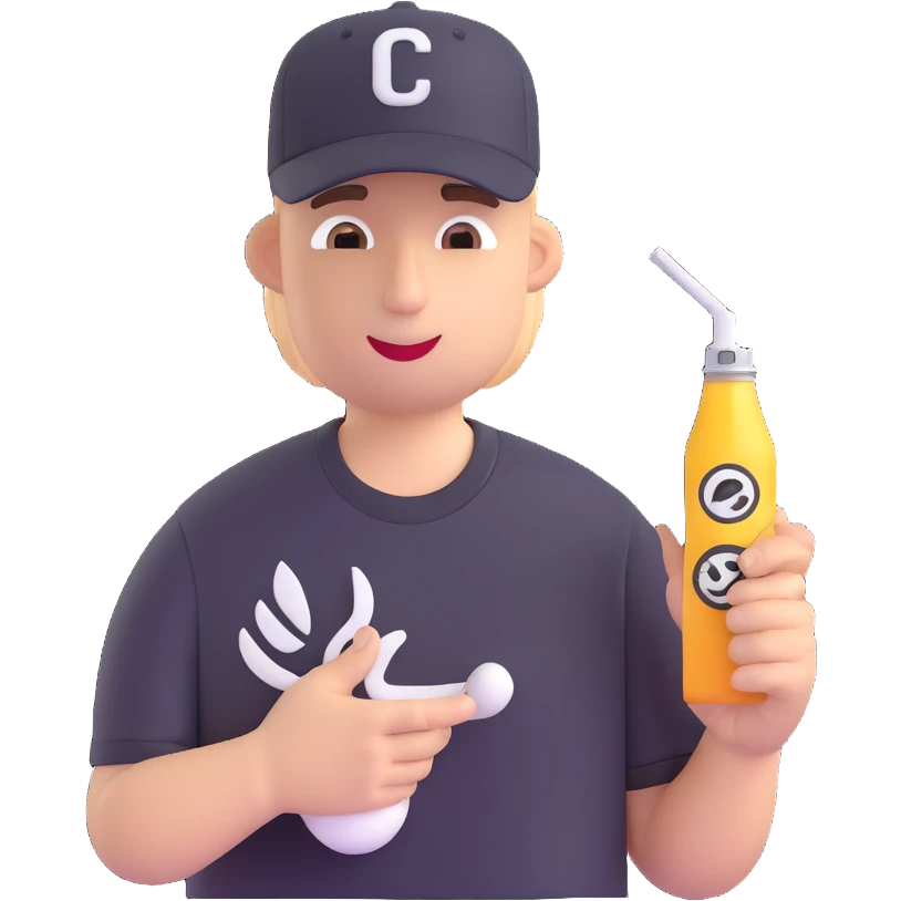 cartoon man with a t-shirt and baseball hat, holding a White Claw and a vape, modern emoji style emoji