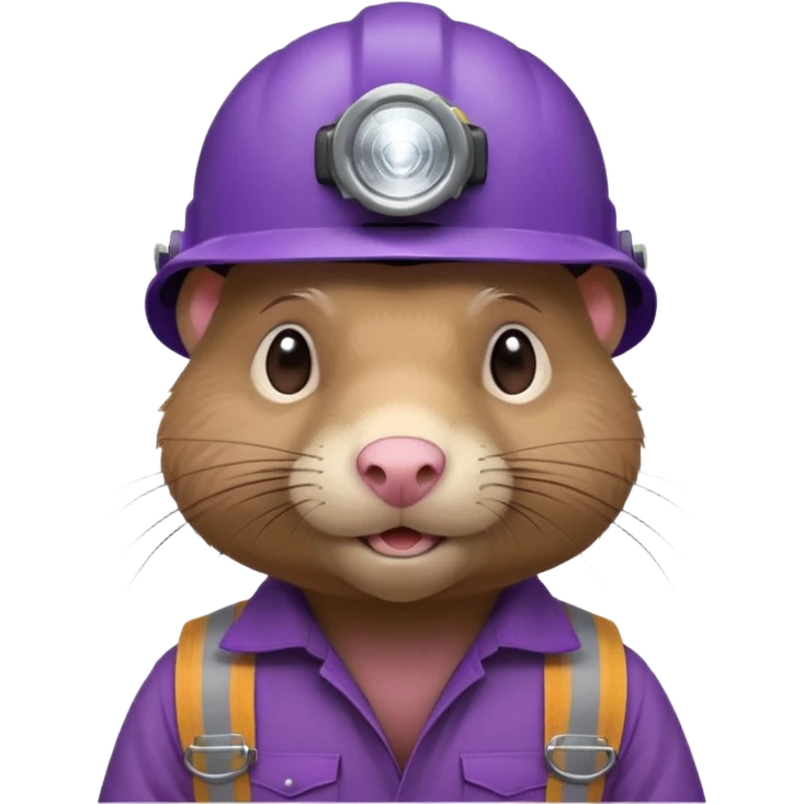 a mole rat, headlamp, BROWN worker cloth, purple helmet,  emoji