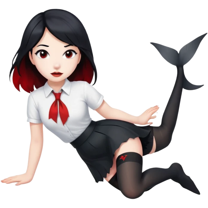 A girl in a white shirt, a black skirt and stockings with black hair, but there are glimpses of red on some areas of hair and also with a shark tail emoji