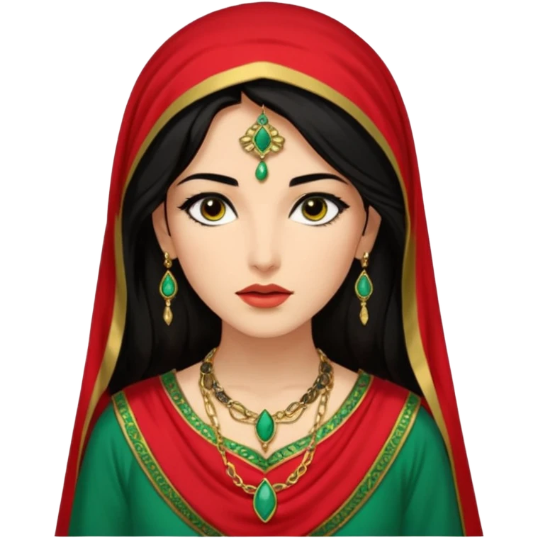 Mujer joven, morena, de gran belleza y porte misterioso.
 mirada intensa y fija; labios marcados.
 Negro, largo, suele ir cubierto parcialmente por un velo
 Ropa de inspiración árabe: túnica colorida (rojo, dorado, verde esmeralda), con detalles dorados  brazaletes y pendientes. emoji