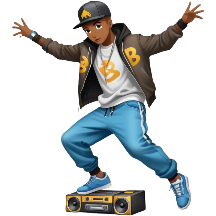 Icon for Street Dance: a dancer in urban streetwear performing a dynamic lower breakdance move, with a spray-painted background and a boombox on the asphalt. The icon should capture the energy, style, and creativity of street dance culture. Transparent background. emoji