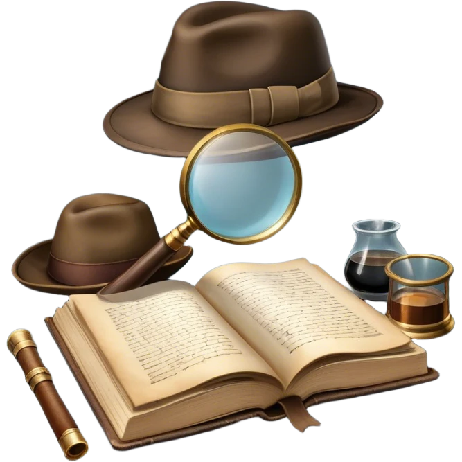 Icon for Detective Reading: an open book with a magnifying glass, a detective’s hat, and a notebook with clues, surrounded by dark shadows and mysterious elements like footprints and a smoking pipe. Transparent background. emoji
