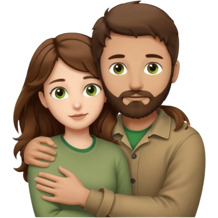 a man with short brown hair and brown beard with brown eyes and a girl with long brown wavy hair with green eyes, togheter. neutral clothes, hugged each other emoji