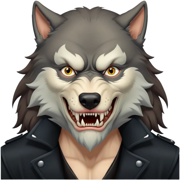 Fenrir Greyback in harry potter, black open chest coat, wolf face, bared teeth emoji