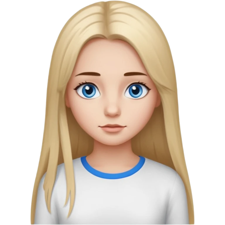 ragazza con capelli lunghi piastrati truccata con molto mascara, occhi azzurri e maglietta a maniche lunghe bianca  emoji