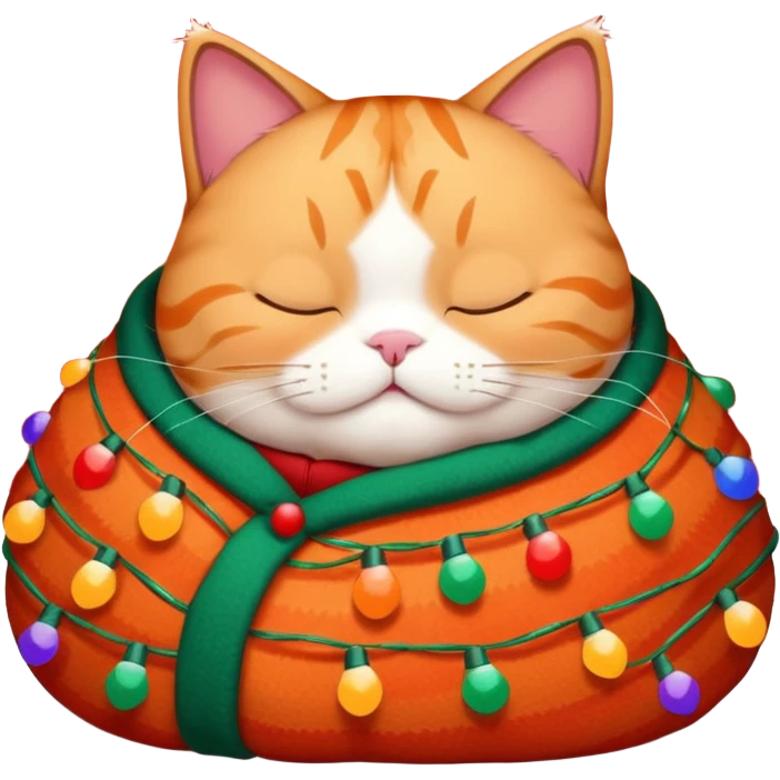fat, sleeping cat wearing a christmas sweater wrapped in christmas lights emoji