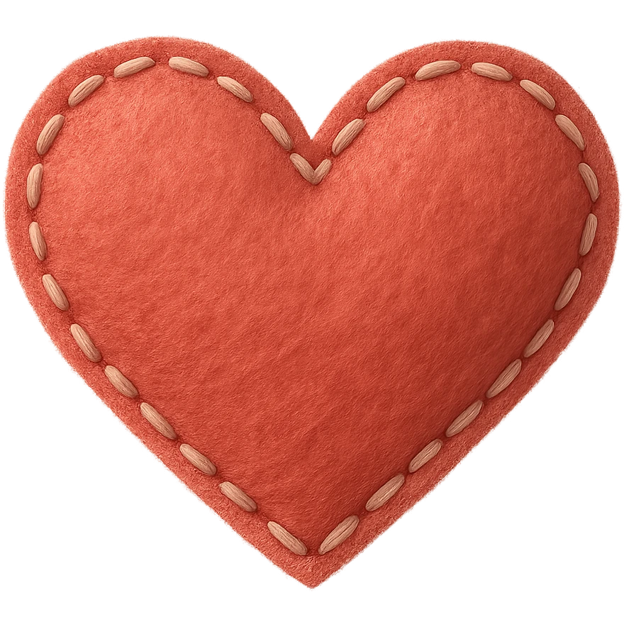 Heart with a stitched felt look, no background, digital illustration, tactile texture, style of a heart made of stitched felt fabric with visible stitches and texture, transparent background. emoji