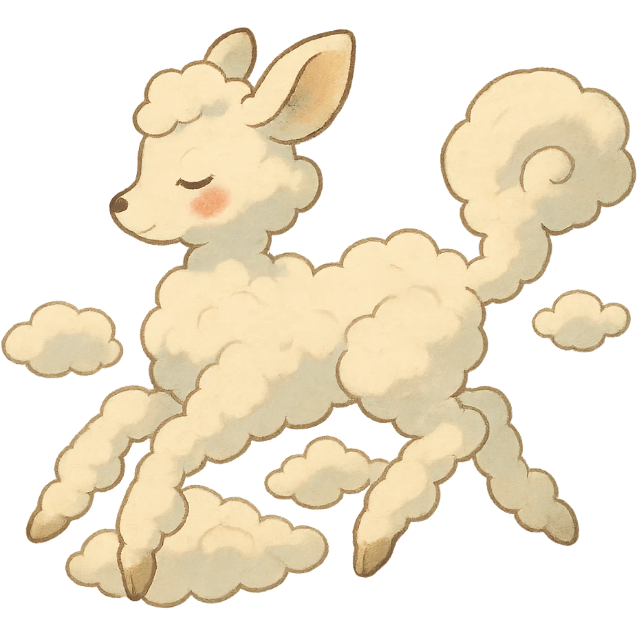 soft vanilla cloud doe with rosy cheeks, floating gracefully like a witch, ghibli style emoji