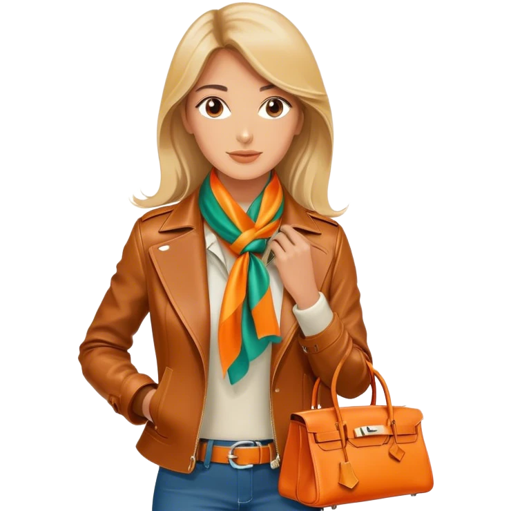 Elegant and tan equestrian woman wearing a leather Hermes jacket and a multicolored silk scarf around her neck. She has an orange Hermes Birkin Bag. I want the image to be close up, starting from the waist up.  emoji