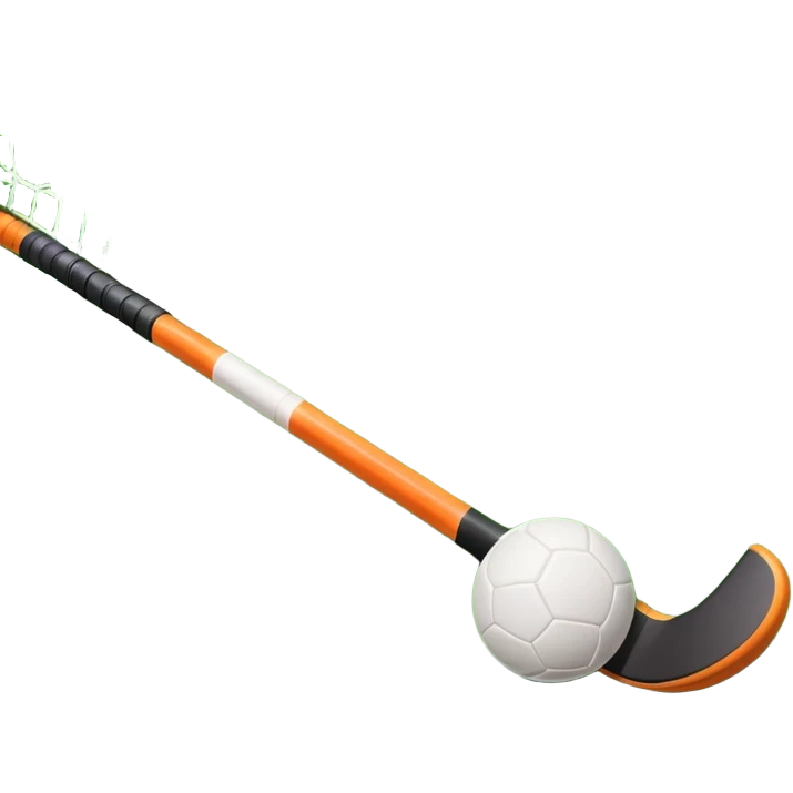 A field hockey stick and ball on a vibrant green grass field, with goalposts and clear field markings in the background. The scene emphasizes the bright, lush grass, highlighting the fast-paced and strategic nature of hockey on a well-maintained pitch. emoji