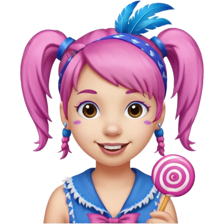 smiling face with pink pigtails, blue bandana decorated with white and purple feathers on top, lollipop in mouth emoji
