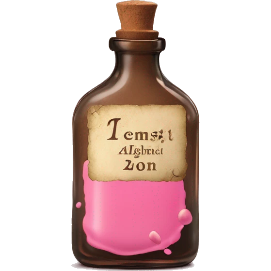 Mysterious Alchemical vintage glass potion bottle, exquisite bottle shape, old and shabby, with label, stylish and minimalistic, brown and pink, oil potion is poured out of the bottle, oil is spilled next to it emoji