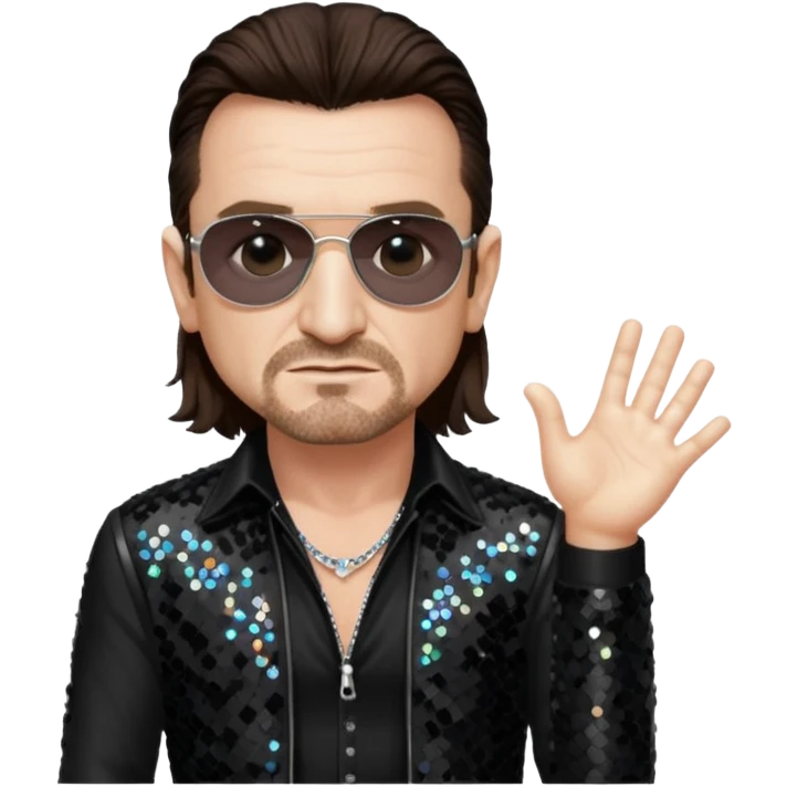 Bono from U2 with long dark brown hair, black sequin outfit  emoji