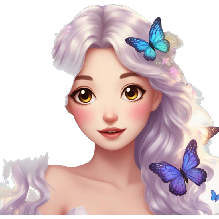 gorgeous shiny anime lady with butterflies and beautiful hair fairycore cottagecore emoji