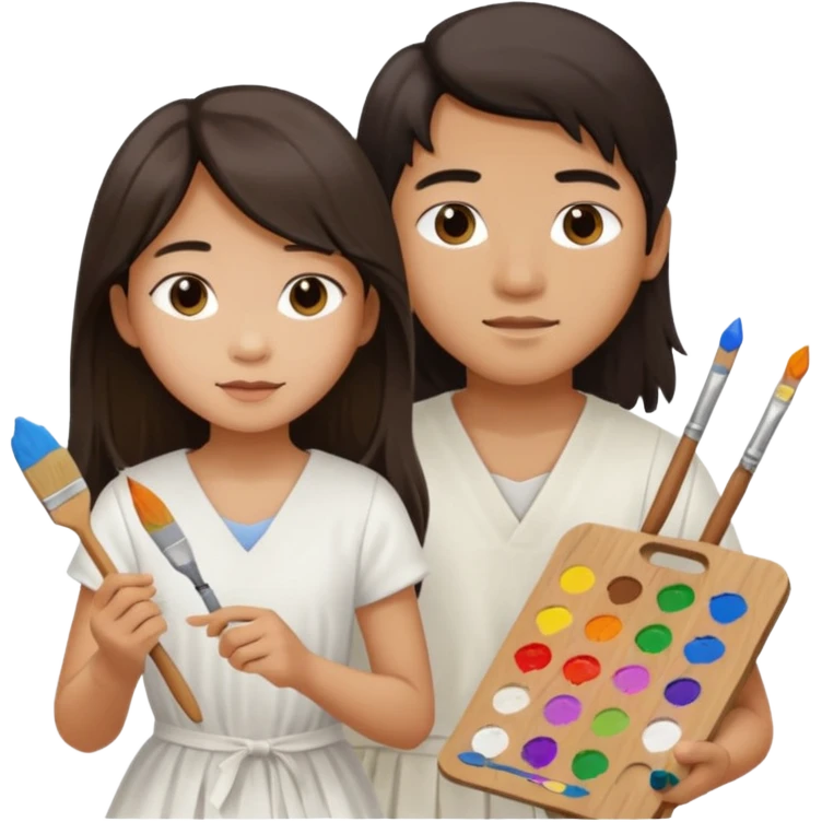 Asian boy with long hair  and girl painters emoji