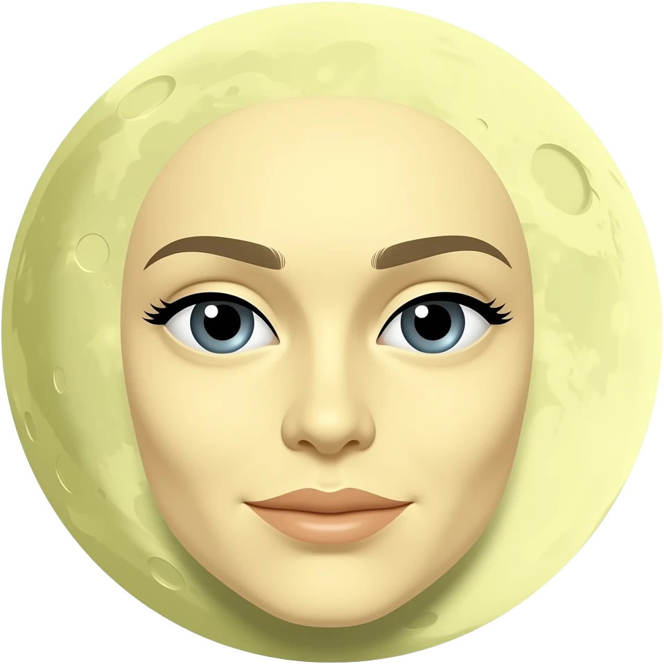 moon emoji with a FEMALE FACE. Offwhite yellow. round craters for the moons serface emoji