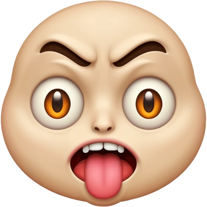A face emoji with its tounge out but the eyes are evil and kind of crazy and the eyebrows are turned I emoji