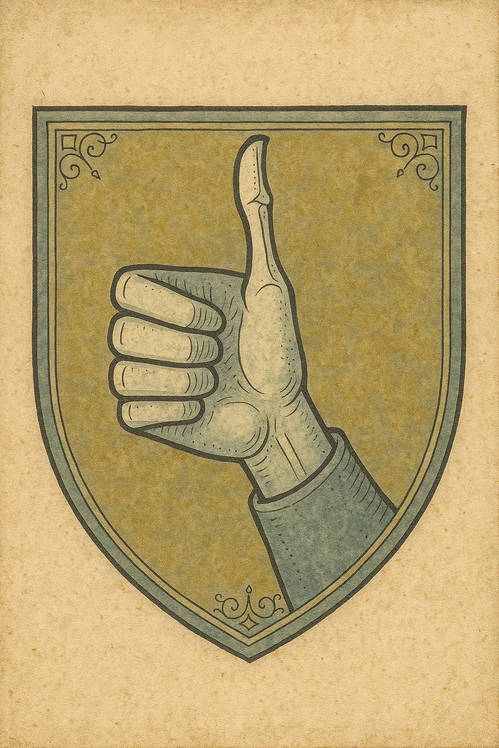 medieval shield design with a hand giving a thumbs up, thumb exaggeratedly long and bone extending beyond the flesh, classic heraldic style emoji