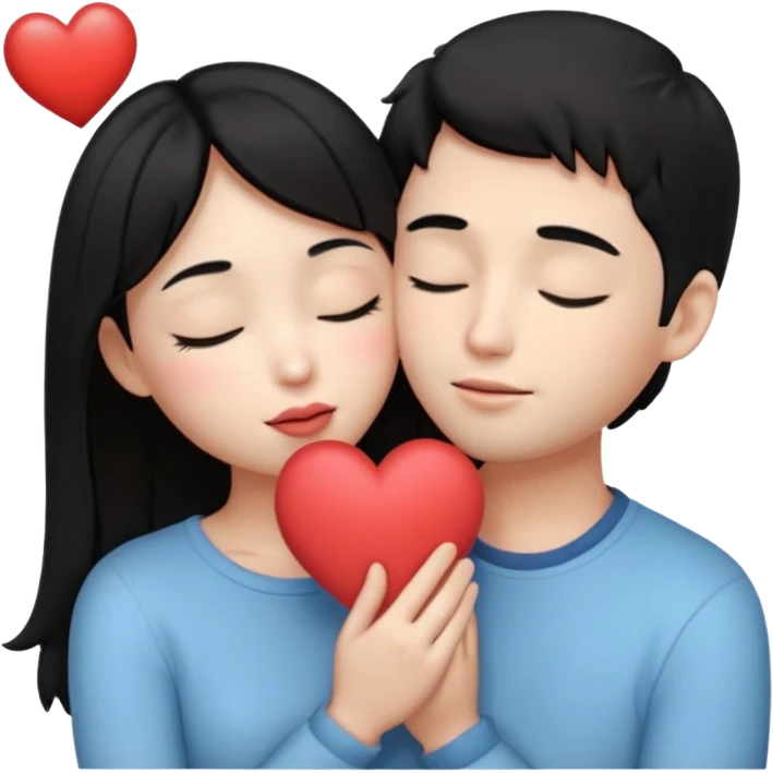 “Cute 3D emoji of a romantic couple with black hair, the boy slightly taller, gently holding the girl in his arms and kissing her lips, soft blush, eyes closed, small glowing heart above them, warm romantic vibe, pastel tones, smooth lighting, sticker style, transparent background.” emoji